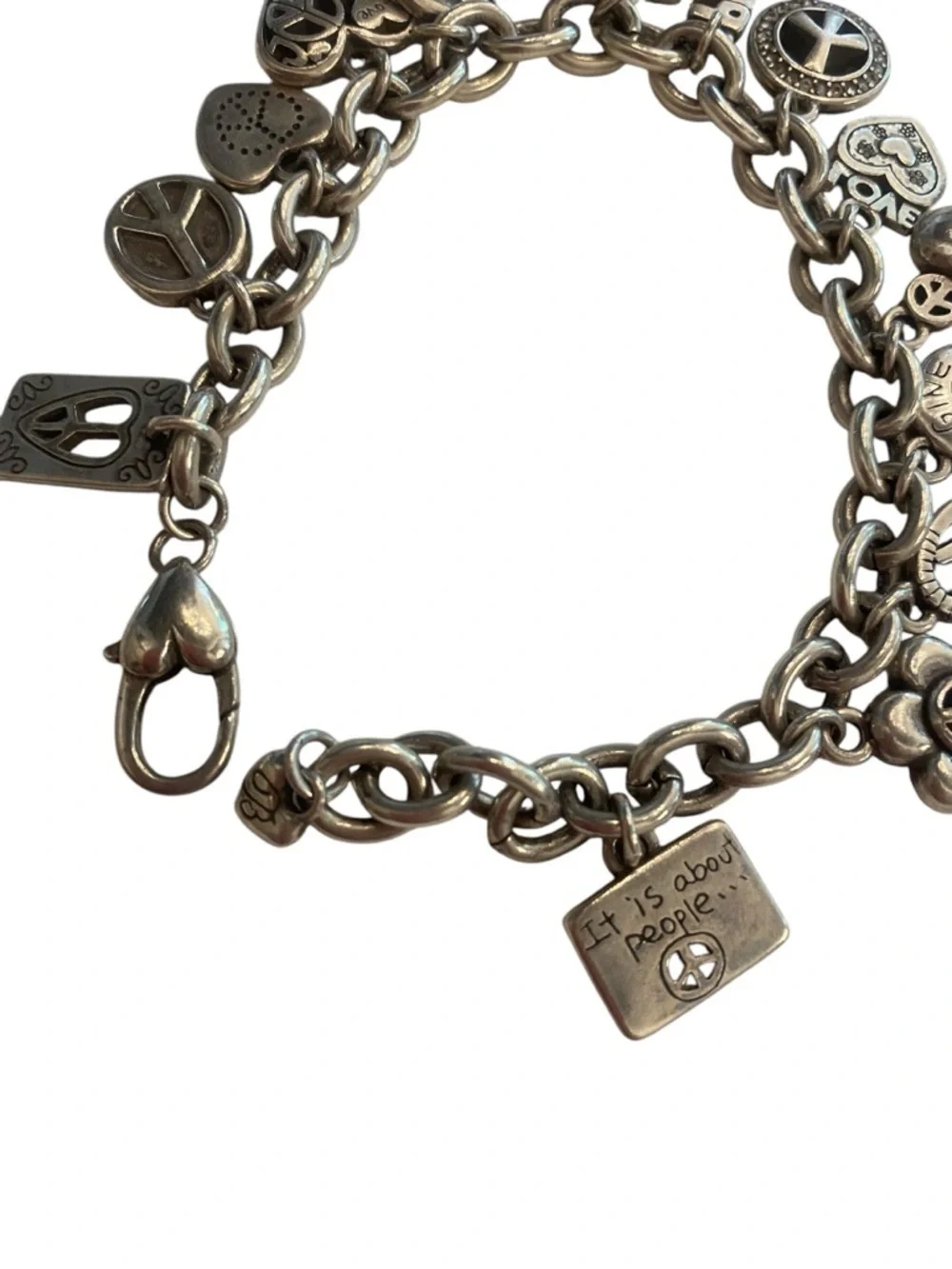 Brighton Women’s Peace Love Heart Silver Charm Bracelet Jewelry great condition
